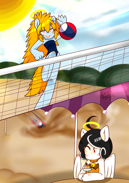 Size: 2149x3035 | Tagged: safe, artist:snow angel, derpibooru import, oc, oc:morikawa saki, oc:snow angel, unofficial characters only, anthro, earth pony, pegasus, ambiguous facial structure, beach volleyball, bell, bell collar, blue swimsuit, bow, bow swimsuit, clothes, collar, digital art, female, food, halo, heterochromia, ice cream, orange swimsuit, pixiv, red eyes, swimsuit, yellow eyes