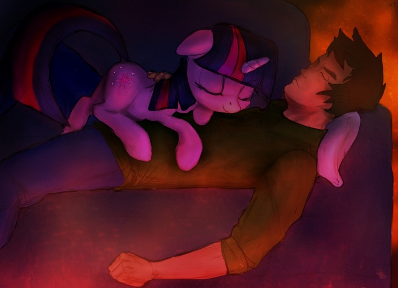 Size: 1500x1083 | Tagged: artist:tex, colored, couch, cuddling, cute, dark, derpibooru import, eyes closed, floppy ears, hug, human, human on pony snuggling, oc, oc:tex, on top, prone, safe, sleeping, smiling, snuggling, twilight sparkle