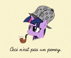 Size: 605x495 | Tagged: safe, derpibooru import, twilight sparkle, pony, unicorn, mmmystery on the friendship express, bubble pipe, deerstalker, female, fine art parody, french, hat, mare, pipe, rené magritte, solo, the treachery of images