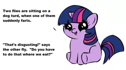 Size: 1194x668 | Tagged: safe, derpibooru import, twilight sparkle, pony, unicorn, exploitable meme, fart, fart joke, filly, filly twilight sparkle, filly twilight telling an offensive joke, flies, meme, obligatory pony, sitting, turd, vulgar