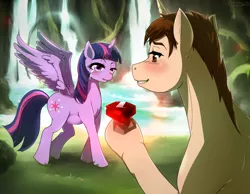 Size: 1223x949 | Tagged: safe, artist:sanaya, derpibooru import, twilight sparkle, twilight sparkle (alicorn), ponified, alicorn, pony, blushing, cave, crossover, crossover shipping, crying, female, happy, mama twilight, mare, marriage proposal, peter parker, pregnant, ruby, spider-man, spiders and magic ii: eleven months, spiders and magic: rise of spider-mane, spidertwi, tears of joy, thick eyelashes