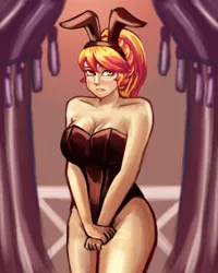 Size: 4000x5000 | Tagged: suggestive, artist:checkerboardazn, derpibooru import, sunset shimmer, human, alternate hairstyle, blushing, breasts, bunny suit, busty sunset shimmer, cleavage, clothes, embarrassed, female, humanized, image, jpeg, leotard, playboy bunny, playboy bunny sunset shimmer, solo, solo female