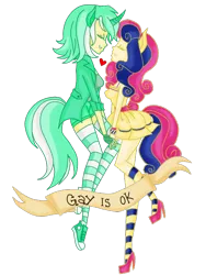 Size: 480x640 | Tagged: safe, artist:tinacrazy29, derpibooru import, bon bon, lyra heartstrings, sweetie drops, human, clothes, eared humanization, female, feminist ponies, heart, holding hands, horned humanization, humanized, image, lesbian, lyrabon, mouthpiece, png, shipping, socks, striped socks, subversive kawaii, tailed humanization, thigh highs