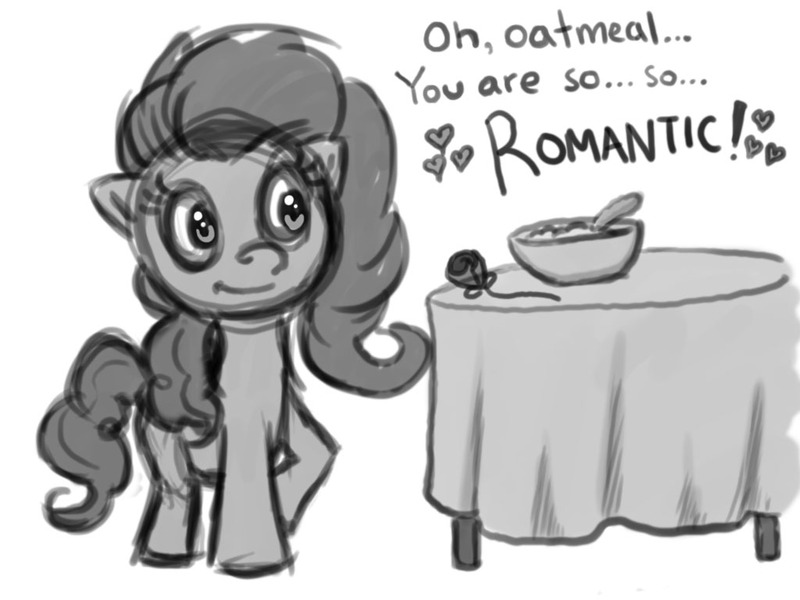 Size: 1024x768 | Tagged: safe, artist:chrisboe4ever, derpibooru import, pinkie pie, earth pony, pony, :t, dialogue, female, flower, heart, mare, monochrome, oatmeal, raised hoof, rose, simple background, smiling, solo, text, wat, white background