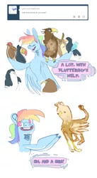 Size: 768x1400 | Tagged: safe, artist:sinisterwhooves, derpibooru import, gilda, rainbow dash, bird, chicken, eagle, gryphon, hawk, kiwi, owl, penguin, toucan, ask, birb, eyes closed, open mouth, pointing, smiling, tumblr