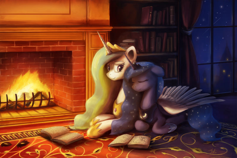 Size: 3000x2000 | Tagged: safe, artist:anticular, derpibooru import, princess celestia, princess luna, alicorn, pony, book, bookshelf, cute, eyes closed, female, fire, fireplace, floppy ears, hug, lunabetes, mare, night, prone, rug, scenery, shooting star, sisters, smiling, stars, window, wing blanket, winghug