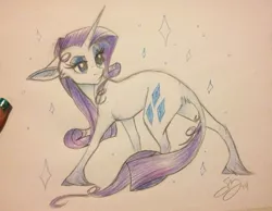 Size: 771x598 | Tagged: safe, artist:probablyfakeblonde, derpibooru import, rarity, classical unicorn, pony, female, floppy ears, fluffy, frown, leonine tail, looking back, mare, pencil drawing, raised eyebrow, simple background, solo, sparkles, traditional art, unshorn fetlocks, white background