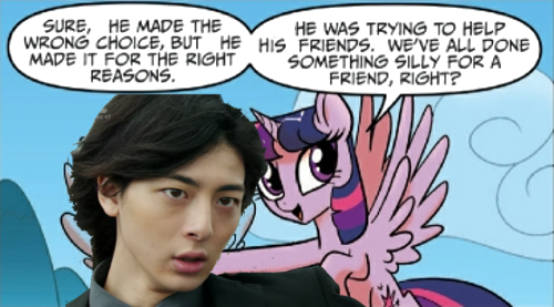 Size: 500x277 | Tagged: safe, derpibooru import, edit, idw, rainbow dash, twilight sparkle, twilight sparkle (alicorn), alicorn, human, pony, spoiler:comic, spoiler:comic23, female, irl, irl human, kamen rider, kamen rider gaim, kureshima mitsuzane, mare, photo, twilight justifies evil meme