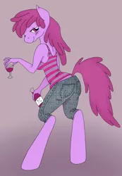 Size: 1372x1980 | Tagged: anthro, artist:just-agu, berry punch, berryshine, breasts, clothes, derpibooru import, jeans, solo, suggestive, unguligrade anthro, wine