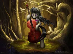 Size: 2700x1982 | Tagged: safe, artist:daffydream, derpibooru import, octavia melody, bird, earth pony, pony, bipedal, bow (instrument), cello, crepuscular rays, female, forest, hoof hold, leaf, lidded eyes, mare, musical instrument, solo, tree