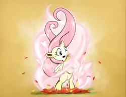 Size: 900x695 | Tagged: artist:adamrbi, dead source, derpibooru import, element of kindness, fluttershy, leaves, safe, solo