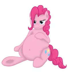 Size: 948x1000 | Tagged: safe, artist:8aerondight8, derpibooru import, pinkie pie, earth pony, pony, belly, belly button, bloated, chubby, fat, female, food baby, lidded eyes, mare, pudgy pie, simple background, smiling, stuffed, white background
