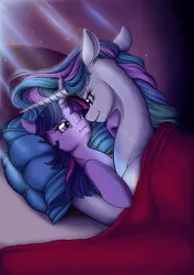 Size: 874x1236 | Tagged: suggestive, artist:longinius, derpibooru import, princess celestia, twilight sparkle, alicorn, pony, unicorn, bed, bedroom eyes, boop, crepuscular rays, cuddling, eye contact, female, floppy ears, grin, horns are touching, lesbian, mare, noseboop, nuzzling, on back, pillow, romantic, shipping, size difference, smiling, snuggling, twilestia
