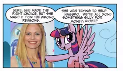 Size: 714x418 | Tagged: safe, derpibooru import, edit, idw, twilight sparkle, twilight sparkle (alicorn), alicorn, human, pony, spoiler:comic, spoiler:comic23, 4chan, female, irl, irl human, mare, mccarthy drama, meghan mccarthy, photo, twilight justifies evil meme