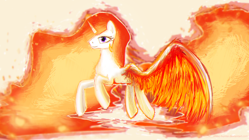 Size: 1500x844 | Tagged: artist:makc-hunter, derpibooru import, fire, flying, mane of fire, mane on fire, princess celestia, safe, solo