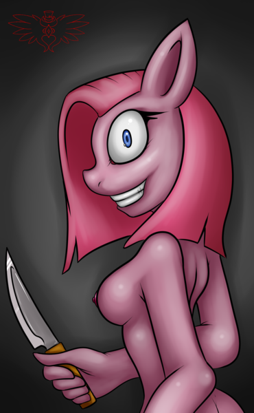 Size: 1770x2874 | Tagged: anthro, artist:fiercewendigo, breasts, derpibooru import, female, grin, knife, nipples, nudity, pinkamena diane pie, pinkie pie, questionable, semi-grimdark, sideboob, solo, solo female