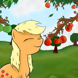 Size: 2000x2000 | Tagged: safe, artist:katsu, derpibooru import, applejack, bird, apple, apple tree, cloud, cloudy, cute, eyes closed, grass, hatless, jackabetes, missing accessory, smelling, smiling, sniffing, snorting, solo, tree