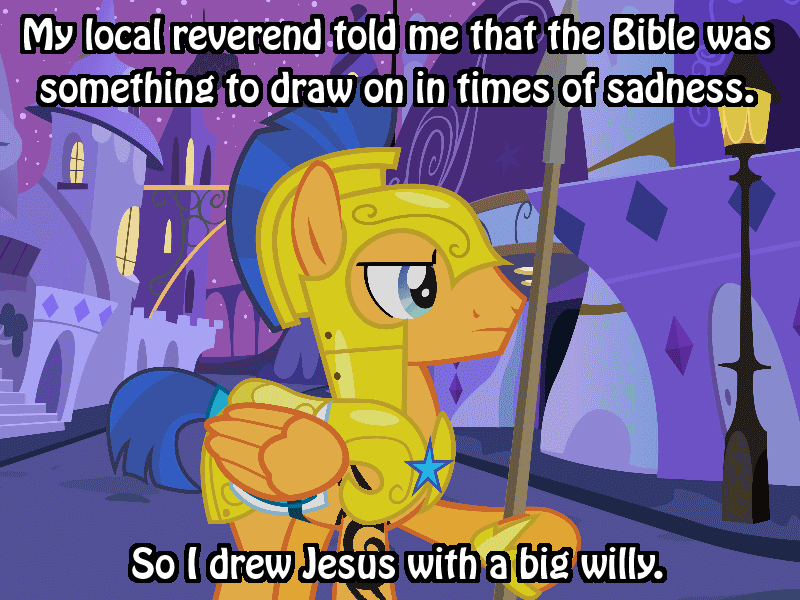 Size: 800x600 | Tagged: bible, blasphemy, blasphemy in the description, derpibooru import, exploitable meme, flash sentry, god is dead, idiot sentry, meme, suggestive, tattoo, tribal, we are going to hell