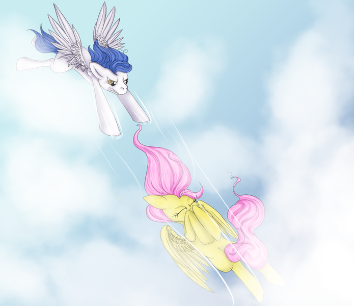 Size: 1440x1244 | Tagged: artist:arly-barly-wartek, brolly, cloud, cloudy, derpibooru import, falling, fluttershy, safe, sky, whitewash