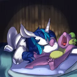 Size: 1024x1024 | Tagged: artist:imsokyo, bed, bromance, cute, daily sleeping spike, derpibooru import, eyes closed, open mouth, pillow, safe, shining armor, sleeping, snoring, spike, tumblr