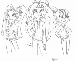 Size: 989x808 | Tagged: safe, artist:holyheretic, derpibooru import, adagio dazzle, aria blaze, sonata dusk, equestria girls, rainbow rocks, female, gem, grayscale, monochrome, simple background, siren gem, the dazzlings, traditional art, white background