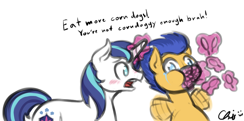 Size: 1280x635 | Tagged: artist:nekocrispy, blushing, brah, cheek bulge, corndog, corndogs, crying, derpibooru import, flash sentry, force feeding, gay, male, questionable, shining armor, shiningsentry, shipping, that pony sure does love corn dogs