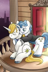 Size: 1280x1920 | Tagged: artist:writtenwaiver, balcony, derpibooru import, eyes closed, fancyblood, fancypants, gay, hoof hold, hug, hug from behind, male, prince blueblood, safe, shipping