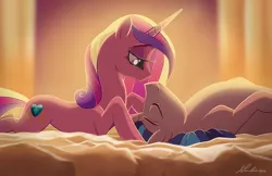 Size: 1280x830 | Tagged: dead source, safe, artist:aliceparkes, derpibooru import, princess cadance, shining armor, pony, unicorn, bed, bedroom eyes, eyes closed, female, male, mare, on back, prone, sleeping, smiling, snuggling, stallion, wingless