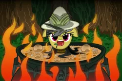 Size: 4500x3000 | Tagged: apple, apple gag, artist:template93, bondage, cauldron, commission, cooked alive, cooking, danger, daring do, derpibooru import, fire, food, food gag, forest, gag, hat, implied cannibalism, peril, pony as food, rope, safe, solo, stew, tied up