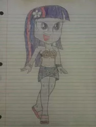 Size: 768x1024 | Tagged: suggestive, artist:deon miller, derpibooru import, twilight sparkle, equestria girls, bikini, breasts, clothes, coconut, coconut bikini, earring, feet, flower, hawaiian, lined paper, nail polish, sandals, sarong, solo, swimsuit, toenail polish, toenails, traditional art