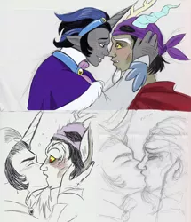 Size: 2530x2948 | Tagged: alternate universe, artist:zabchan, blushing, captain goodguy, comic, crying, derpibooru import, discord, gay, good king sombra, human, humanized, king sombra, kissing, male, mask, mirror universe, safe, shipping, shock, sir discord, sketch, sketch dump, sombracord, surprise kiss