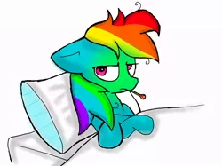 Size: 882x658 | Tagged: safe, artist:rainbowdash-swag, derpibooru import, rainbow dash, pegasus, pony, bed, blanket, crossed hooves, female, frown, mare, messy mane, pillow, sick, simple background, solo, thermometer, white background