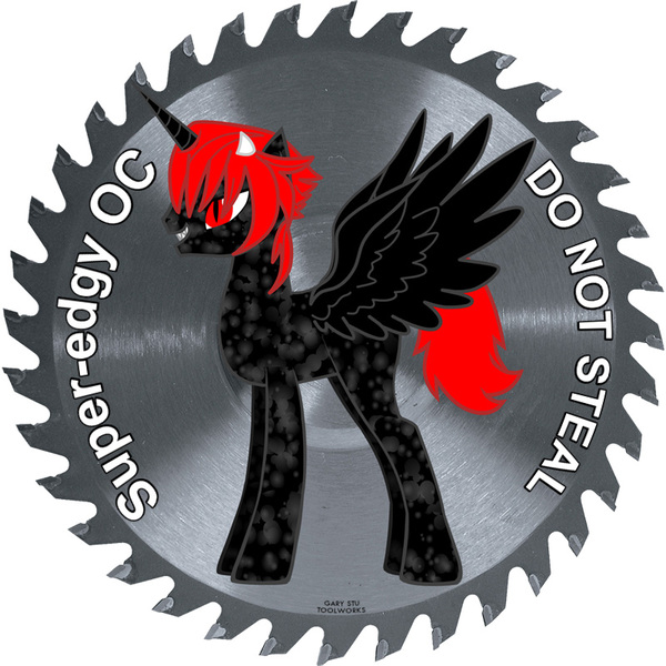 Size: 800x800 | Tagged: safe, derpibooru import, oc, unofficial characters only, alicorn, pony, pony creator, alicorn oc, caption, devil horns, do not steal, donut steel, edgy, emo, fangs, image macro, meta, mocking, original character do not steal, red and black oc, saw, slit eyes, solo