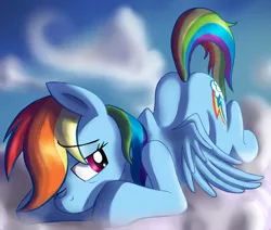 Size: 1600x1359 | Tagged: safe, artist:dripponi, derpibooru import, rainbow dash, cloud, cloudy, cute, dashabetes, face down ass up, female, morning ponies, one eye closed, prone, raised tail, sleepy, solo, spread wings