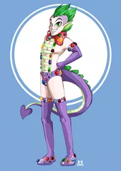 Size: 711x1000 | Tagged: artist:lillykitten, bowtie, clothes, derpibooru import, gem, human, humanized, male, solo, solo male, spike, stockings, suggestive, tailed humanization