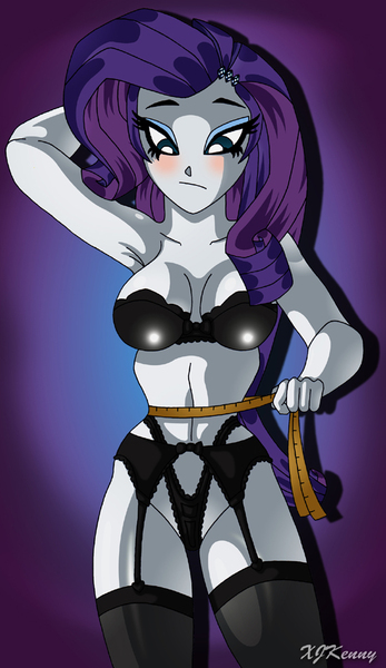 Size: 550x952 | Tagged: suggestive, artist:xjkenny, derpibooru import, rarity, equestria girls, armpits, blushing, bra, breasts, busty rarity, clothes, female, garter belt, lingerie, measuring tape, panties, solo, solo female, stockings, thong, underwear