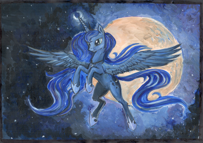 Size: 1024x722 | Tagged: safe, artist:dalagar, derpibooru import, princess luna, alicorn, pony, female, mare, moon, night, solo, spread wings, traditional art