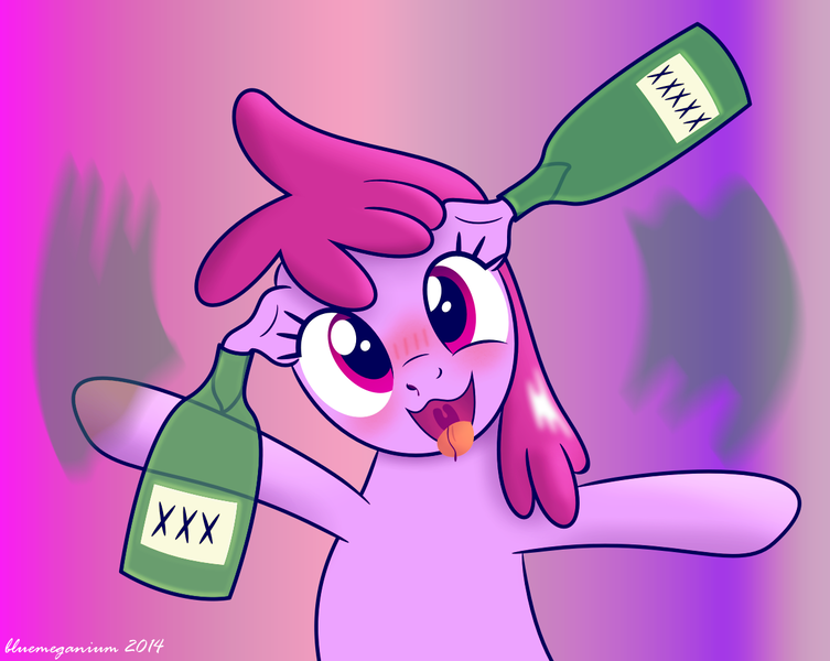 Size: 1226x977 | Tagged: safe, artist:bluemeganium, derpibooru import, berry punch, berryshine, pony, berrybetes, blushing, bottle, cute, drunk, open mouth, silly, silly pony, solo, this will end in pain