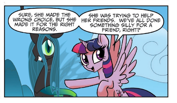 Size: 714x418 | Tagged: safe, derpibooru import, edit, idw, queen chrysalis, twilight sparkle, twilight sparkle (alicorn), alicorn, changeling, changeling queen, pony, spoiler:comic, spoiler:comic23, female, mare, meme, twilight justifies evil meme