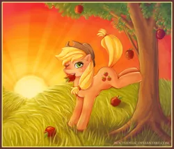 Size: 864x744 | Tagged: apple, applebucking, applejack, applejack mid tree-buck facing the left with 3 apples falling down, applejack mid tree-buck with 3 apples falling down, artist:noctudelic, derpibooru import, falling, food, mouth hold, safe, solo, sunset, tree, wink