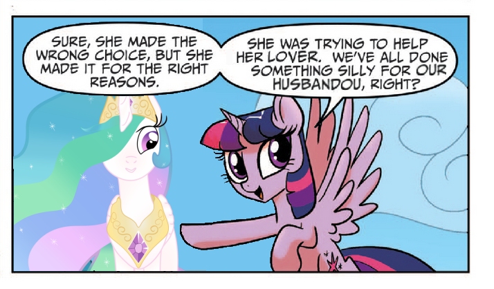 Size: 714x418 | Tagged: safe, derpibooru import, edit, idw, princess celestia, twilight sparkle, twilight sparkle (alicorn), alicorn, pony, spoiler:comic, spoiler:comic23, female, mare, reflections drama, twilight justifies evil meme