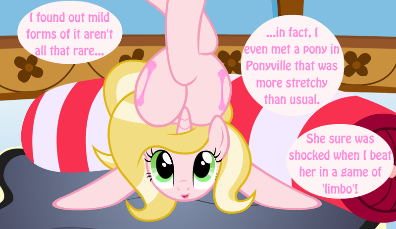 Size: 950x550 | Tagged: safe, artist:niggerfaggot, derpibooru import, oc, oc:bubblegum kiss, unofficial characters only, pony, unicorn, ask bubblegum kiss, asshat, backbend, contortionist, dialogue, flexible, headsit pose, looking at you, open mouth, plot, smiling, solo