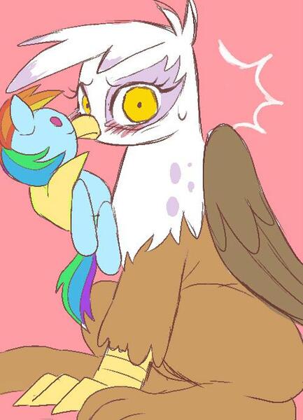 Size: 499x692 | Tagged: safe, artist:susu, derpibooru import, gilda, rainbow dash, gryphon, blushing, caught, cute, frown, implied gildash, implied lesbian, implied shipping, looking at you, nuzzling, plushie, sitting, solo, sweatdrop, wide eyes