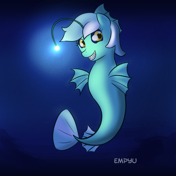 Size: 1000x1000 | Tagged: angler fish, angler seapony, artist:empyu, black sclera, derpibooru import, female, grin, lyra heartstrings, safe, sea pony, seapony lyra, sharp teeth, solo, underwater