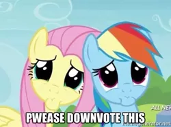 Size: 500x369 | Tagged: all new, cute, downvote bait, edit, edited screencap, fluttershy, image macro, meme, puppy dog face, rainbow dash, safe, screencap, shitposting, trade ya