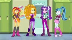 Size: 1680x947 | Tagged: safe, derpibooru import, screencap, adagio dazzle, aria blaze, sonata dusk, sunset shimmer, equestria girls, rainbow rocks, door, female, gem, lockers, poster, siren gem, the dazzlings