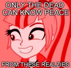 Size: 490x471 | Tagged: safe, derpibooru import, sonata dusk, equestria girls, rainbow rocks, female, gem, image macro, meme, only the dead can know peace from this evil, realzies, siren gem, text