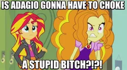 Size: 800x444 | Tagged: safe, derpibooru import, edit, edited screencap, screencap, adagio dazzle, sunset shimmer, equestria girls, rainbow rocks, cutthroat, female, gem, image macro, meme, rage, siren gem, third person, threat, vulgar