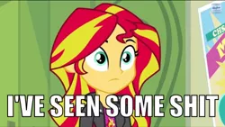 Size: 500x282 | Tagged: safe, derpibooru import, screencap, sunset shimmer, equestria girls, rainbow rocks, i've seen some shit, image macro, meme, reaction image, solo, text, vulgar