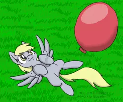 Size: 1800x1501 | Tagged: safe, artist:blayaden, derpibooru import, derpy hooves, pegasus, pony, balloon, cute, derpabetes, female, mare, on back, solo